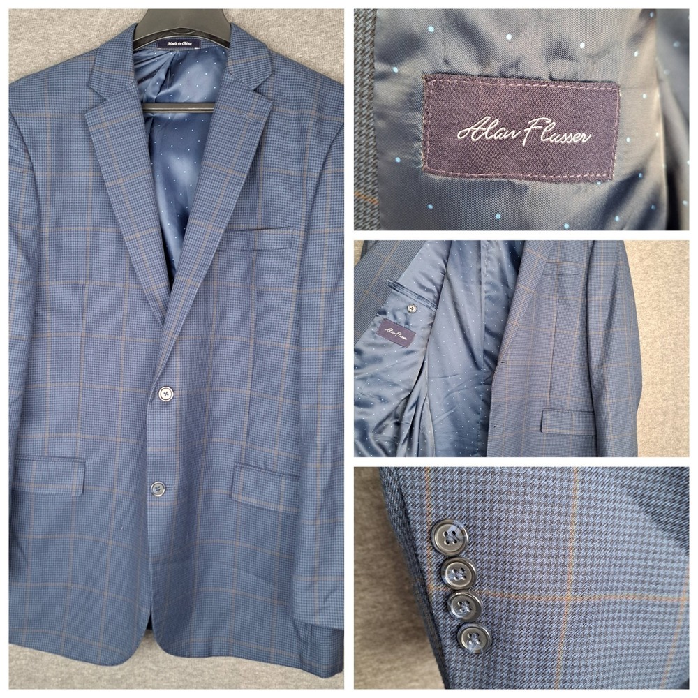 Alan Flusser Blue Houndstooth Windowpane Lined Mens 44L Blazer Sport Coat Jacket
